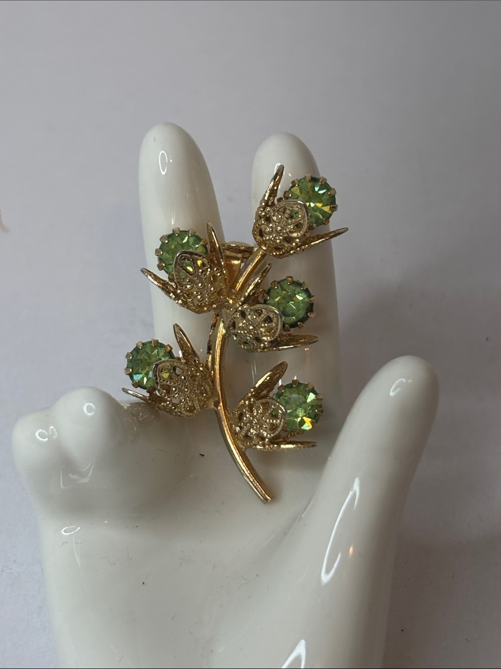 Vintage Gold-Tone Floral Brooch with Uranium Green Stones